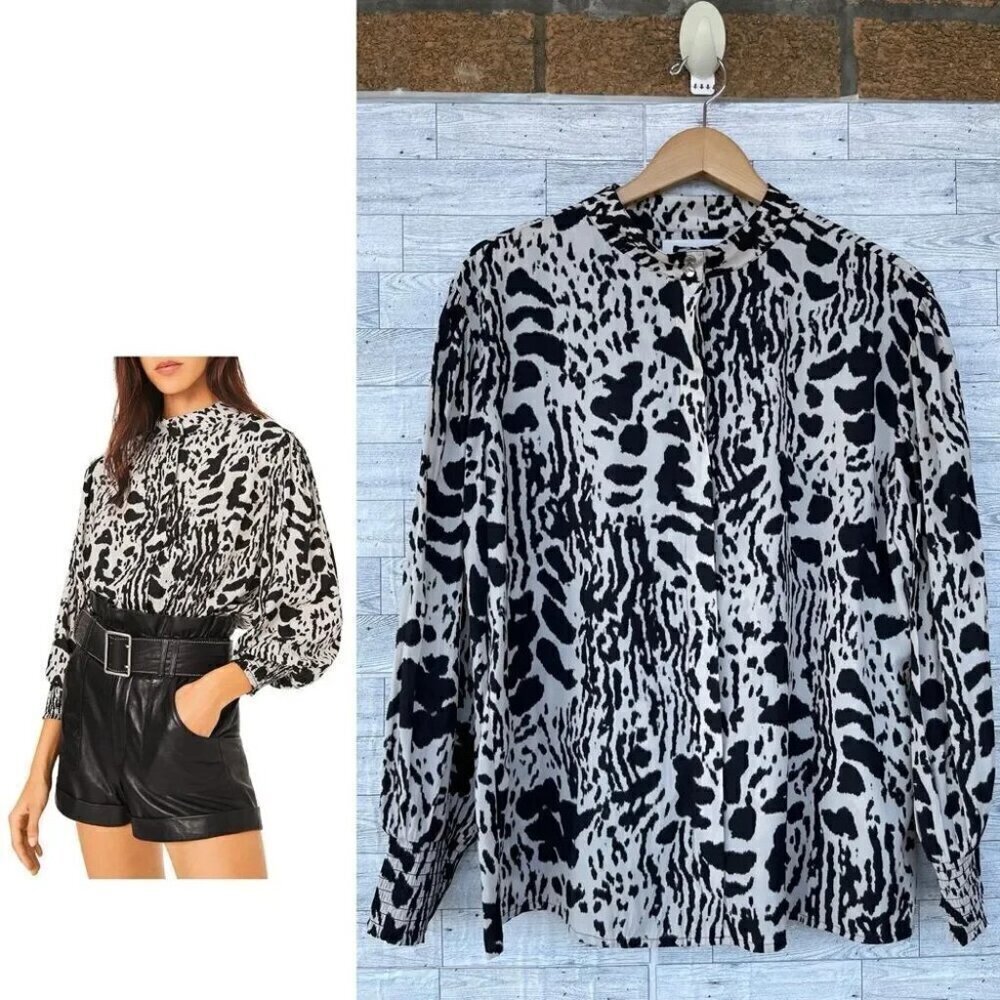 BA&SH Opus Animal Print Blouse in black and ecru size L /8